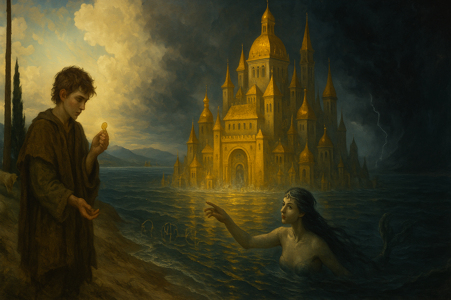 düsteres Bild eines Jungen links mit einer Münze, im Wasser im Hintergrund die Stadt oder Burg Vineta ganz in gold, aus dem Wasser kommt eine Nixe und zeigt auf den Jugen