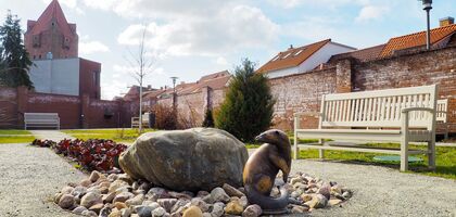 Otterskulptur im Garten des Papenhofgartens in einem Steinbeet umringt von einem feinen Schottergartenweg. rechts eine Graue Bank. Dahinter eine Mauer am Horizont das Stadttor "Dammtor" daneben ein Baum