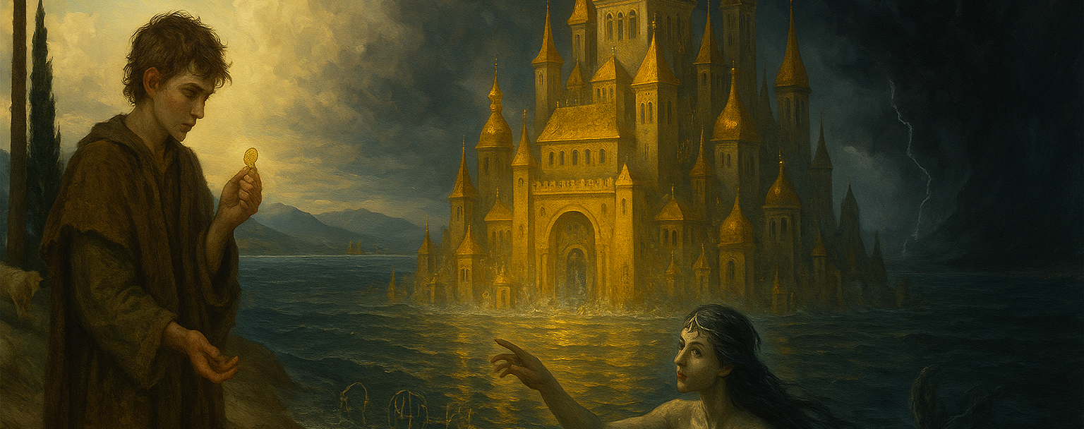 düsteres Bild eines Jungen links mit einer Münze, im Wasser im Hintergrund die Stadt oder Burg Vineta ganz in gold, aus dem Wasser kommt eine Nixe und zeigt auf den Jugen