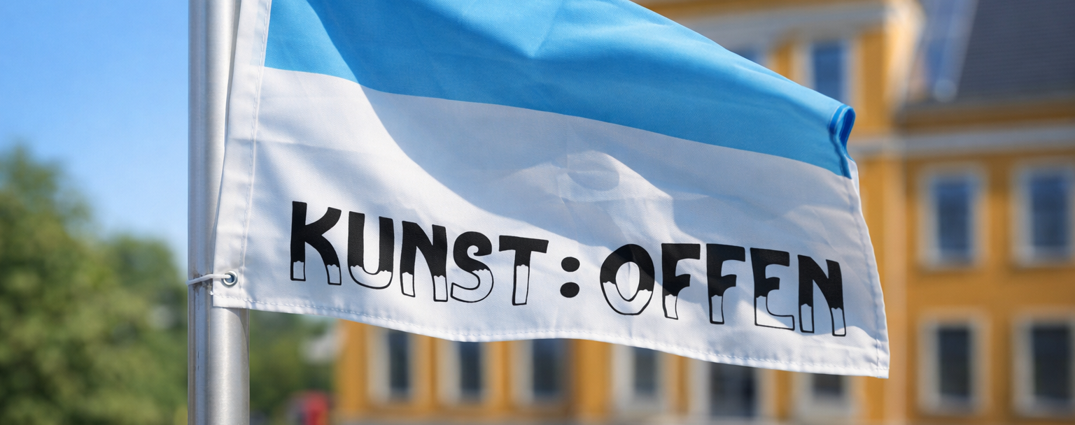 Fahne oben Blau unten weiß, auf dem weißen Teil steht schwarz Kunst:Offen. Im Hintergrund ein großes gelbes Haus das Vineta Bürgerhaus
