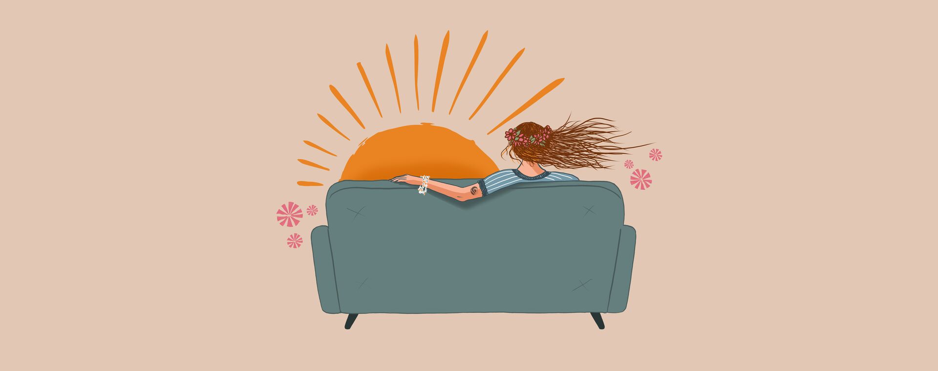 Mittsommer Strandwohnzimmer Grafik: grünes Sofa, Rückansicht. Mädchen Sitzt auf Sofa, Haare wehen im Wind