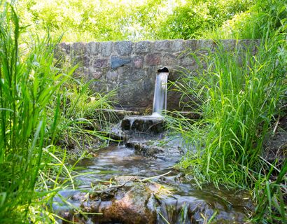 Quellwasser fließt aus einem Rohr aus einer gemauerten Feldsteinwand einen kleinen Wiesenbach herunter.